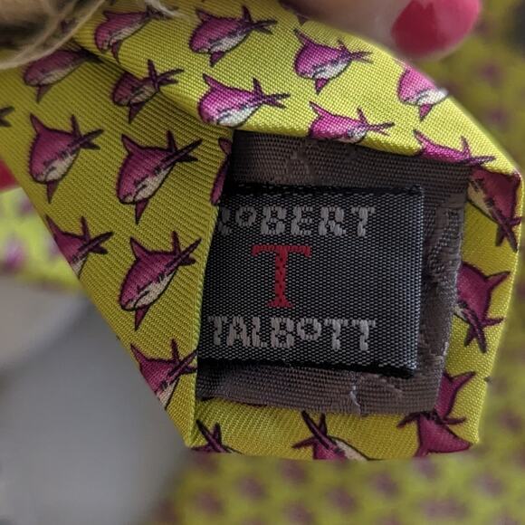 Men's Pink Shark Silk Preppy Tie Green Robert Talbott Made in USA Nautical Beach - Picture 3 of 6